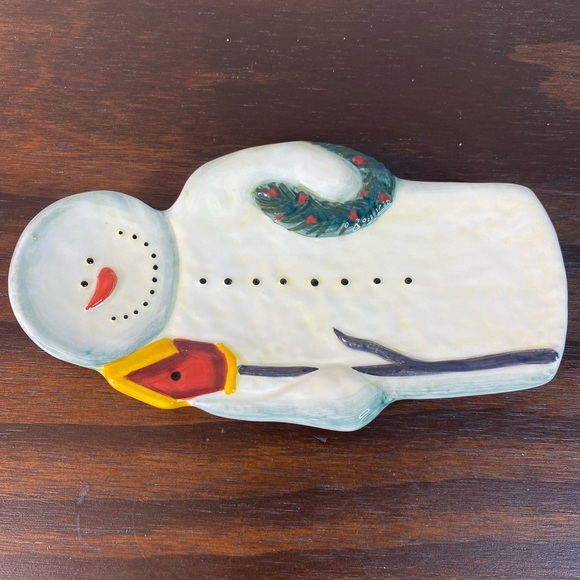 Handpainted Snowman Chip Dip Ceramic Pottery Serving Tray / Tabletops - Picture 3 of 4